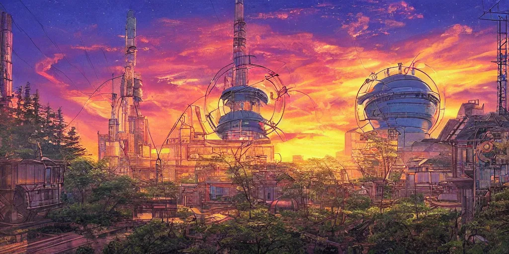 Prompt: fusion reactor, wonderous and magical, in an urban setting, sunset, by Studio Ghibli, Ivan Shishkin and Greg Rukowski