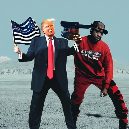 Prompt: donald trump and kanye west shooting guns in outer space