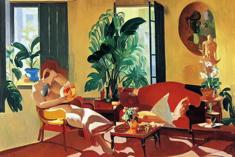 Prompt: A cozy, warm living room, bathed in golden light, with many tropical plants and eclectic furniture, a figure rests on an old couch, highly relaxed, sunday afternoon, living the good life, at peace, golden ratio, fauvisme, art du XIXe siècle, figurative oil on canvas by André Derain, Albert Marquet, Auguste Herbin, Louis Valtat, Musée d'Orsay catalogue