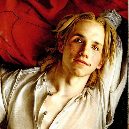 Image similar to beautiful portrait painting of Edward Elric with long curly blond hair, delicate young man wearing an open poet shirt smiling sleepily at the viewer, symmetrically parted curtain bangs, in love by Peter Paul Rubens and Norman Rockwell