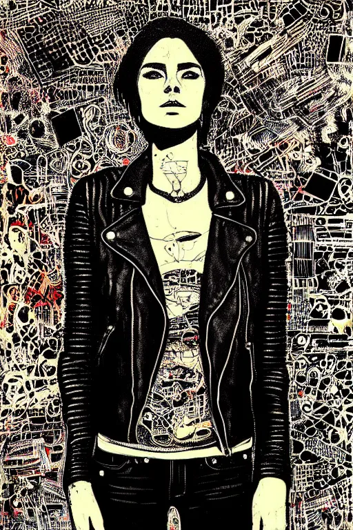 Image similar to dreamy rock girl, black leather jacket, detailed acrylic, grunge, intricate complexity, by dan mumford and by alberto giacometti, peter lindbergh, malevich, william stout