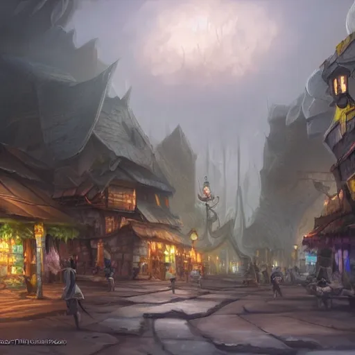 Prompt: the market district in the tribal cloud village, fantasy concept art, 4k, by Tyler Edlin