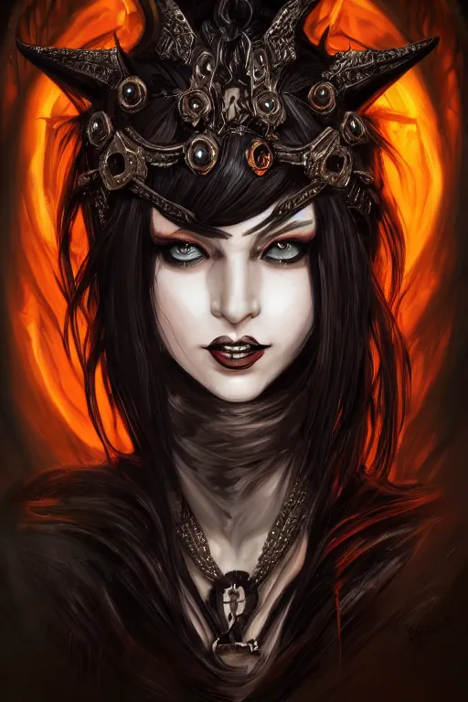 Image similar to female succubus with black hair and amber eyes bust portrait, dnd, fantasy, intricate, elegant, highly detailed, digital painting, artstation, concept art, smooth, sharp focus, illustration, art narcisse navarre