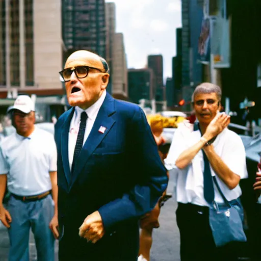 Image similar to Rudy Giuliani standing on the corner begging for change. Confused, sweaty, delirious and unhinged. CineStill.