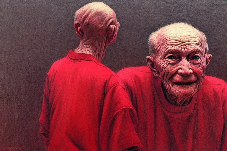 Prompt: only with red, a red old man try to sell a portrait, cheering crowd, in the style of beksinski, parts by edward hopper, parts by rodcenko, parts by yue minjun, intricate and epic composition, red by caravaggio, insanely quality, highly detailed, masterpiece, red light, artstation, 4 k