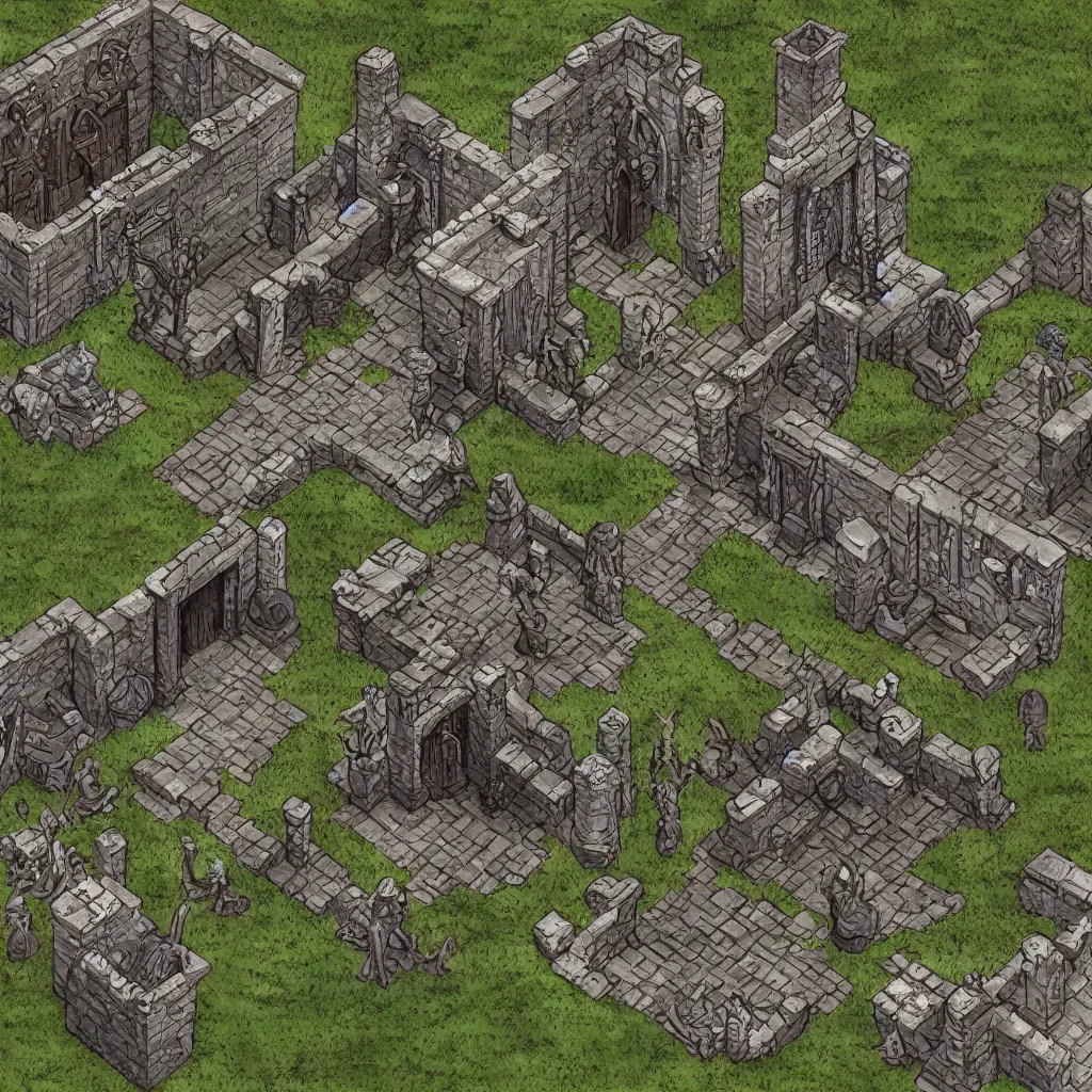 Image similar to tomb of elemental evil, isometric view, tileset, dungeons and dragons art by d. a. trampier, d & d tabletop miniature