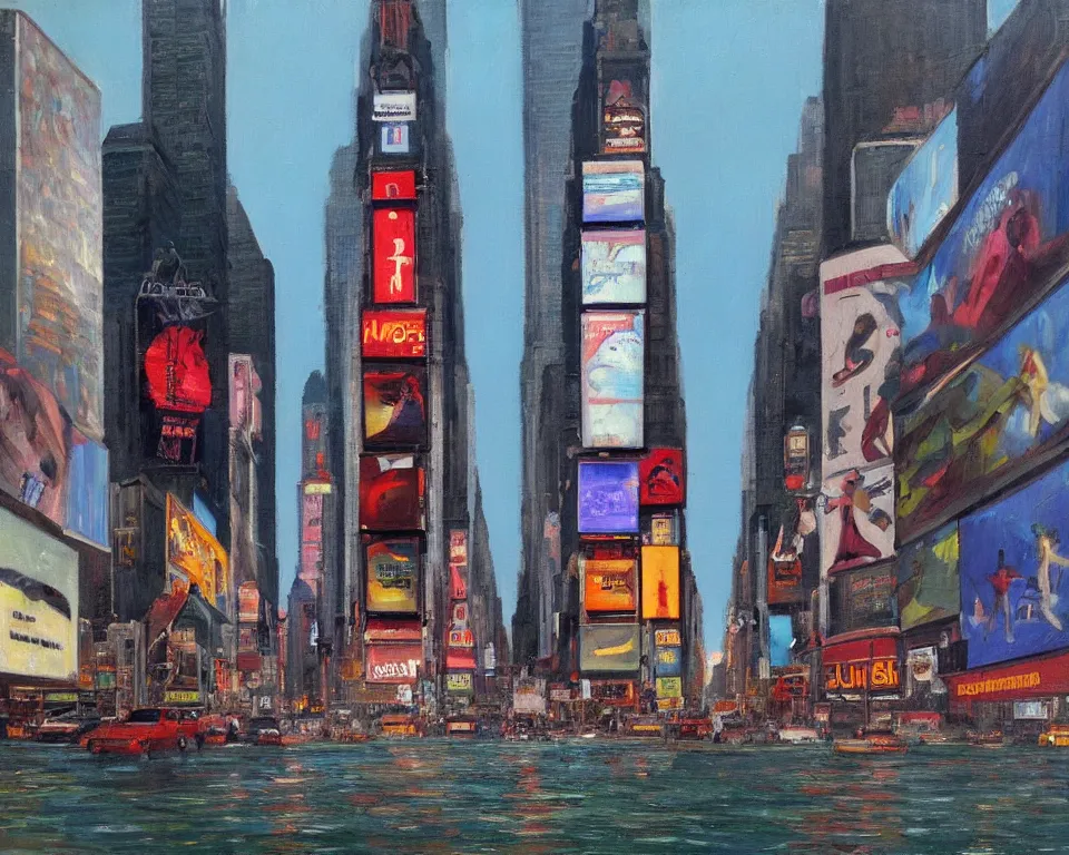 Image similar to an achingly beautiful oil painting of a partially submerged times square by Raphael and Hopper.
