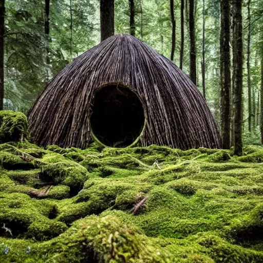 Image similar to A forest full of trees and moss, the scene contains a singular hut with a strange figure standing nearby, Photography, dark, intricate cube, Bleda, Elsa