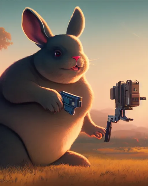 Image similar to highly detailed vfx portrait of a cute, happy big chungus, shooting two mac - 1 0 s, stephen bliss, unreal engine, greg rutkowski, loish, rhads, beeple, makoto shinkai and lois van baarle, ilya kuvshinov, rossdraws, tom bagshaw, global illumination, detailed and intricate environment