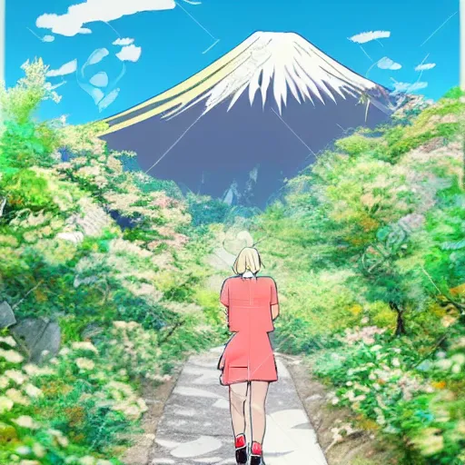 Image similar to a beautiful blond silver hair young woman walking up Mount Fuji in the style of studio ghibli