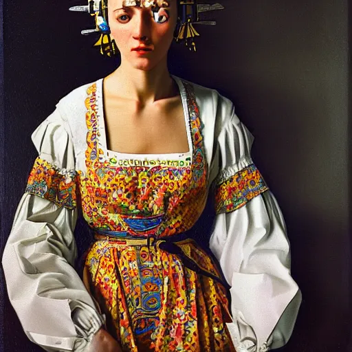 Prompt: hyperrealism photography in caravaggio style quntum computer simulation visualisation of parallel universe sit - com scene with beautiful detailed ukrainian woman wearing ukrainian traditional shirt and wearing retrofuturistic sci - fi neural interface designed by josan gonzalez. hyperrealism photo on pentax 6 7, kodak portra 4 0 0 by giorgio de chirico volumetric natural light - s 1 5 0