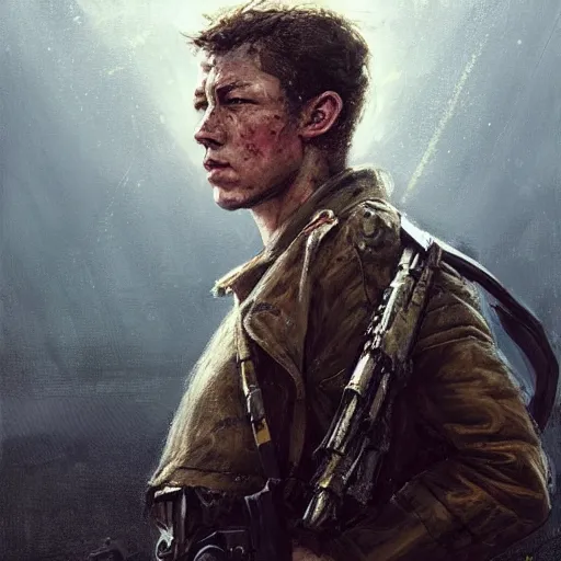 Prompt: portrait of a man by greg rutkowski, tye sheridan as a colonial marine, from aliens franchise, he is about 2 0 years old, military composure, highly detailed portrait, digital painting, artstation, concept art, smooth, sharp foccus ilustration, artstation hq