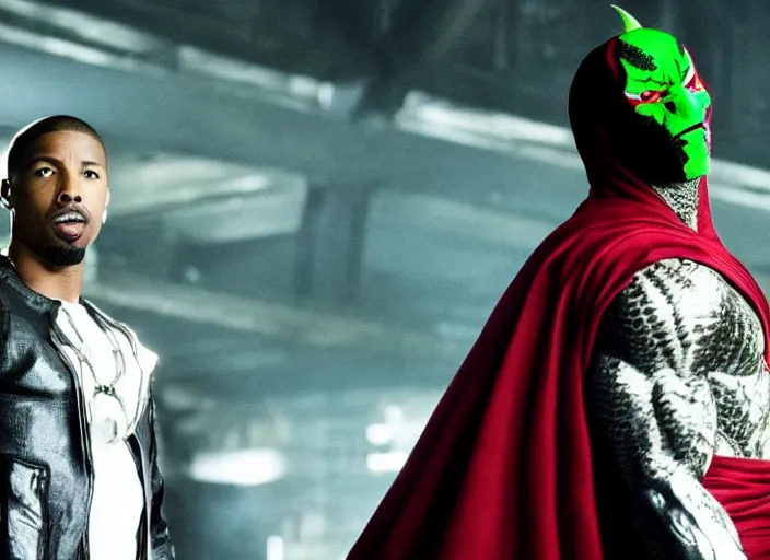 Image similar to film still of michael b jordan as spawn in the new spawn movie, giant chains, large cape, 8 k