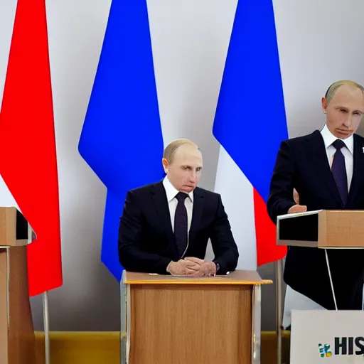 Image similar to press photo annie leonhart, vladimir putin hold joint press conference in biarritz, press conference, zeiss 1 5 0 mm, sharp focus, natural lighting, ultra realistic, high definition 4 k photo, g 7 summit press photos