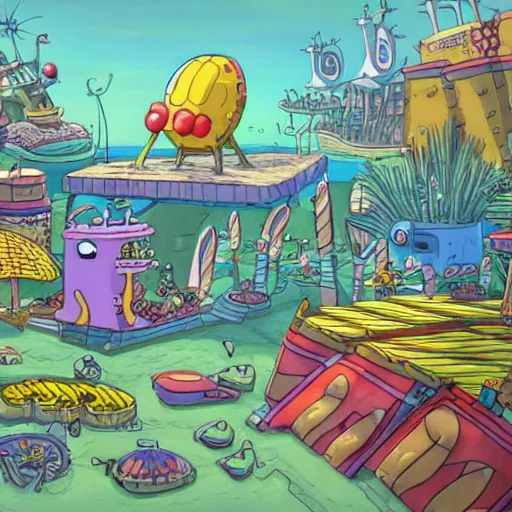 Image similar to bikini bottom drawn by stephen hillenburg, dynamic lighting, fantasy concept art, trending on art station, stunning visuals, creative, cinematic, ultra detailed