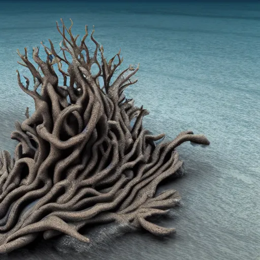 Image similar to a dendritic monster emerging from the ocean, sea waves, vray, 55mm