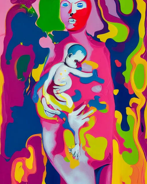 Image similar to woman holding a baby, an ultrafine detailed painting by peter max and francis bacon and fiona rae and maryam hashemi and hernan bas and anna mond and max gubler, featured on deviantart, metaphysical painting, neo expressionism, pop surrealism, melting paint, biomorphic, mixed media, photorealistic, dripping paint, palette knife texture, masterpiece