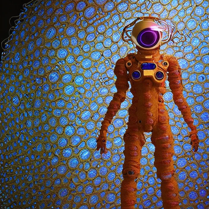 Image similar to a cybernetic symbiosis of a single astronaut mech-organic eva suit made of pearlescent wearing knitted shiny ceramic multi colored yarn thread infected with diamond 3d fractal lace iridescent bubble 3d skin dotted covered with orb stalks of insectoid compound eye camera lenses floats through the living room, film still from the movie directed by Denis Villeneuve with art direction by Salvador Dalí, wide lens,kevlar,carbon fiber,ceramics,gaseous materials,