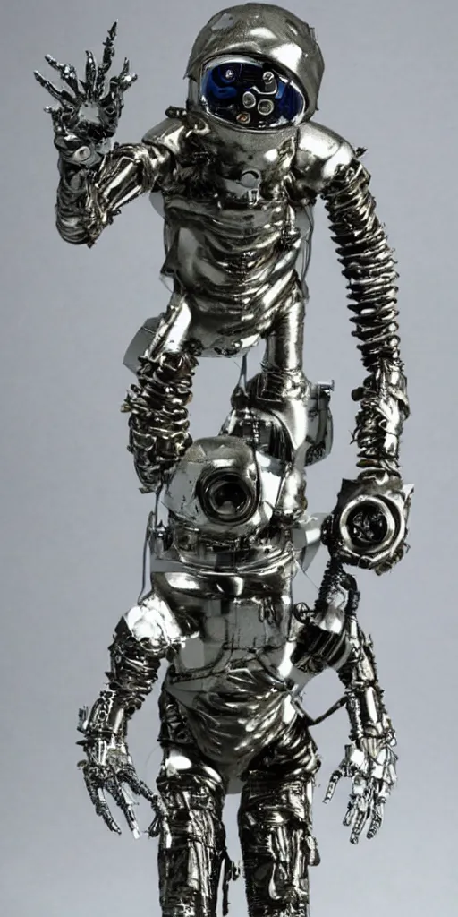 Image similar to a metallic eldritch cyborg humanoid with astronaut like features, hp lovecraft, alan bean