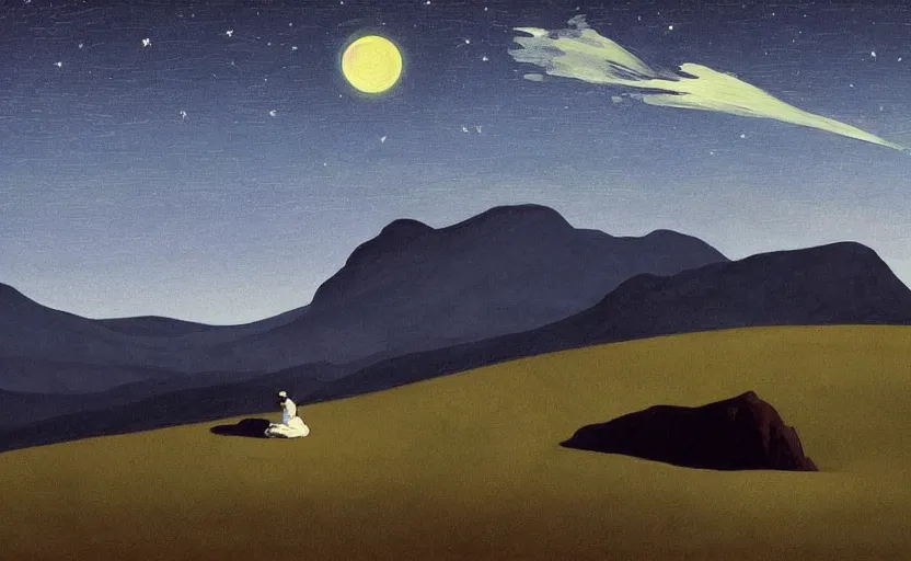 Prompt: mountains, stars and paisley filled sky, artstation, intricate, highly detailed, digital painting, concept art, sharp focus, illustration by Edward Hopper and Piero della Francesca