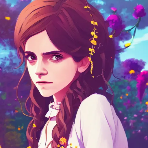 Image similar to portrait of Emma Watson as Hermione, dressed as Cleopatra, field of flowers background, rich vivid colors, ambient lighting, dynamic lighting, 4k, HQ, anime key visual, makoto shinkai, ilya kuvshinov, lois van baarle, rossdraws, detailed, trending on artstation