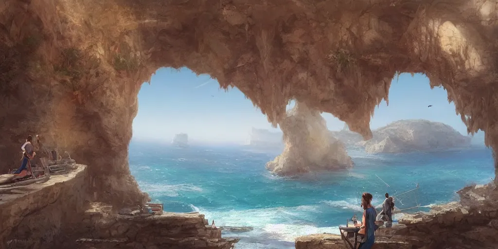 Image similar to looking out a car dash window to see mediterranean phoenician fishing village, over a chalk cliff, highly detailed, digital painting, artstation, concept art, sharp focus, illustration, art by artgerm and greg rutkowski and raphael lacoste and magali villeneuve