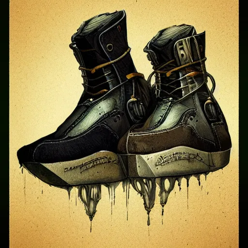 Prompt: sneaker concept art, steampunk, sharp focus, illustration, concept art by tooth wu