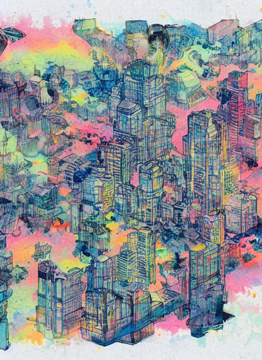 Prompt: a glitch watercolor painting of a dying utopia, in the style of james jean feint