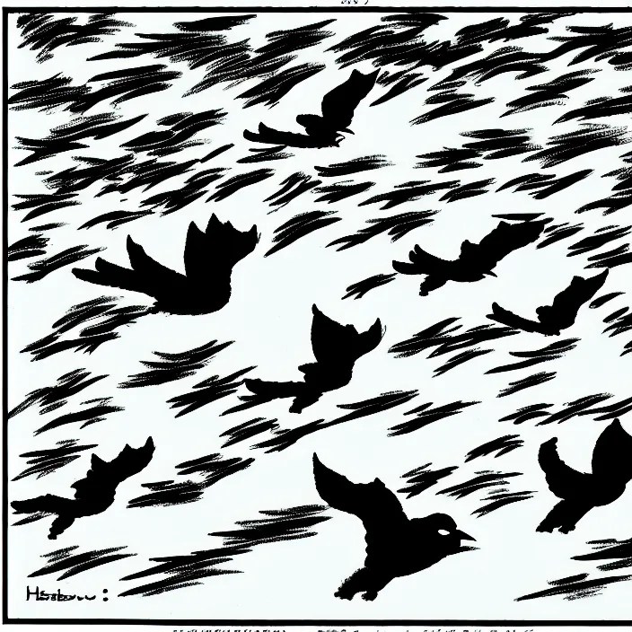 Image similar to a still frame from comic strip, birds dancing clouds 1 9 5 0, herluf bidstrup, new yorker illustration, monochrome contrast bw, lineart, manga, tadanori yokoo, simplified,