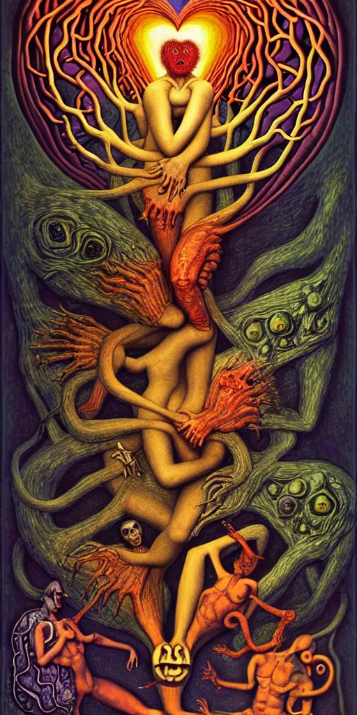 Image similar to mythical creatures and monsters in the visceral anatomical human heart imaginal realm of the collective unconscious, in a dark surreal mixed media oil painting by johfra, mc escher and ronny khalil, dramatic lighting from inner fire