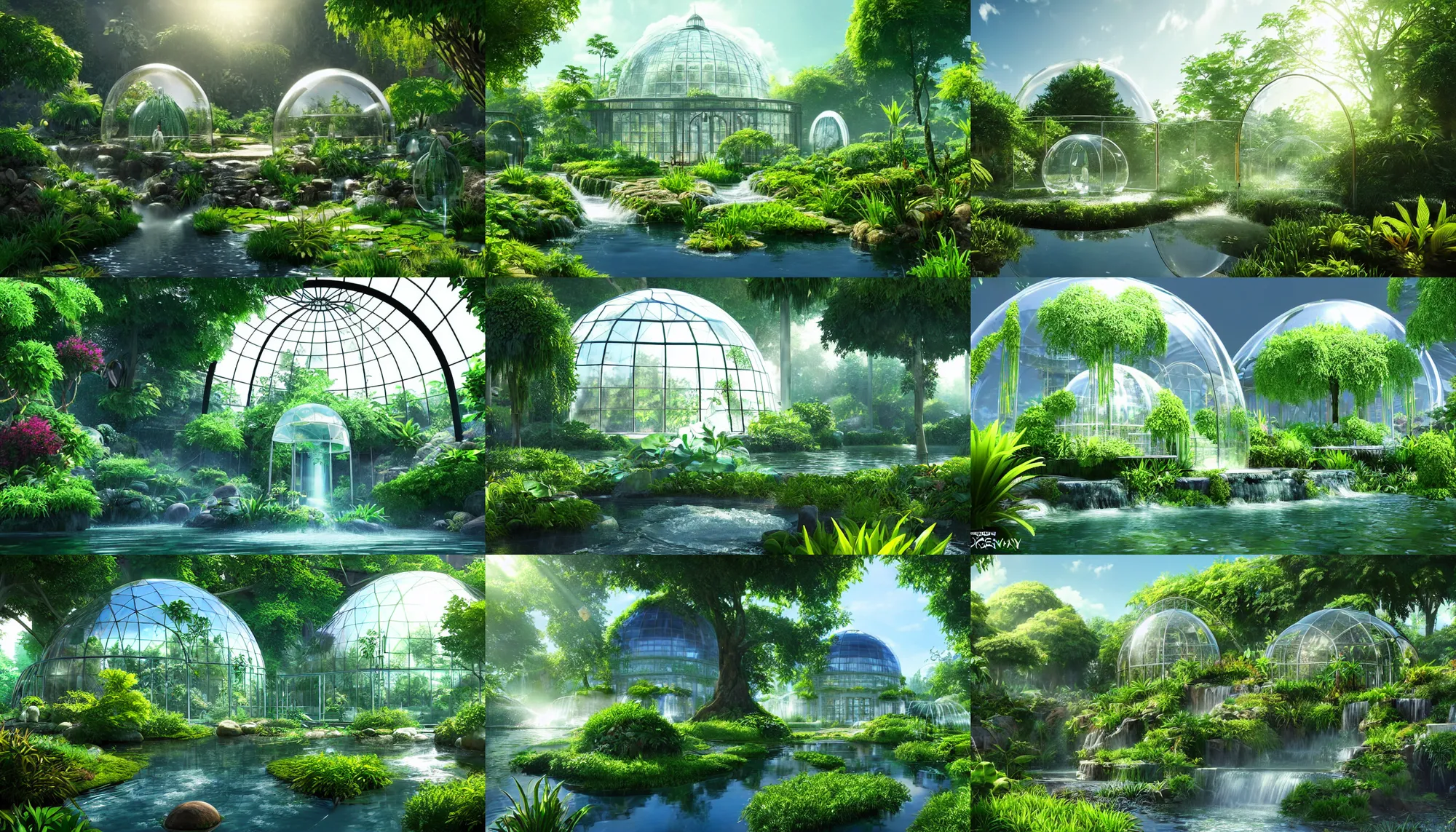 Prompt: botanical garden with transparent glass dome, giant plant, flowing water, sunshine. game cg, hyperdetailed, trending on cgsociety
