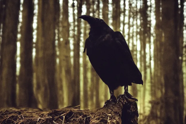 Prompt: crow human, photograph captured in a dark forest
