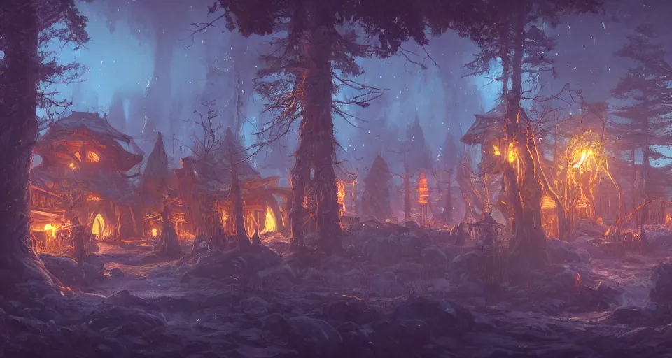 Image similar to A landscape with a large fantasy tavern with multiple stories in the middle of a magical forest, magical particles!!, magical lighting, inviting, enchanting, rendered by simon stålenhag, rendered by Beeple, Makoto Shinkai, syd meade, environment concept, digital art, unreal engine, 3 point perspective, WLOP, trending on artstation, low level, 4K UHD image, octane render,