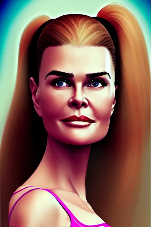 Image similar to portrait of a mix of beautiful young maria shriver, mariel hemmingway, brooke shields, nicole kidman and elle macpherson as an exercise gym girl, thin lips, hair tied up in a pony tail, colorful artstation, cgsociety