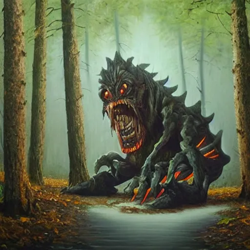 Image similar to hyperrealistic oil painting, super detailed, scary monster made by tar, in the forest, award winning,