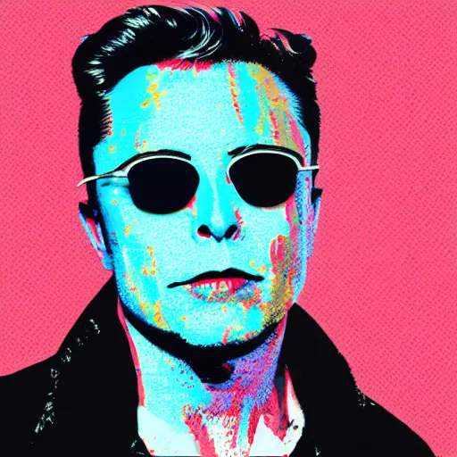Prompt: the portrait of depressed, miserable, sorrow elon musk worrying he forgot to unplug the iron. wearing square sun glasses. colorful pop art, modern art, by andy warhol