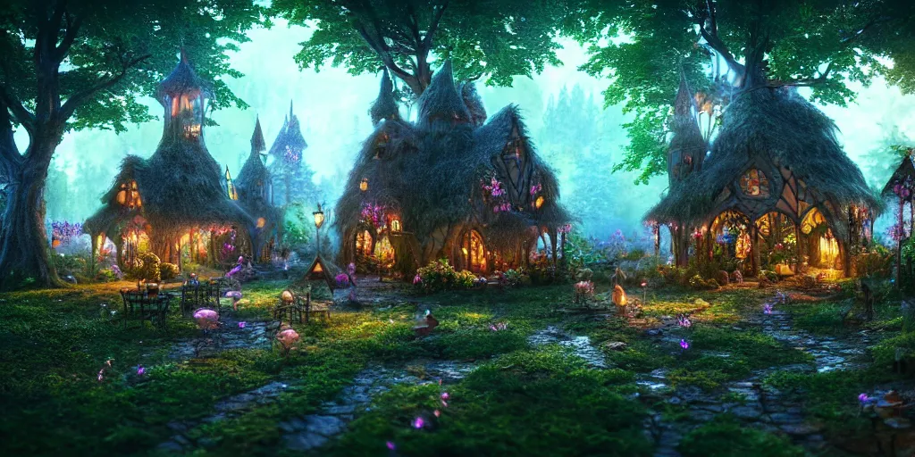 Image similar to inside an ethereal magical fairy village, highly detailed, 8 k, hdr, award - winning, octane render, artstation