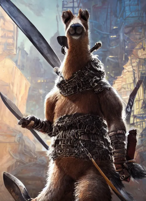 Image similar to detailed full body concept art illustration, oil painting on canvas of an anthropomorphic capybara barbarian swinging a two handed sword in full intricate clothing, biomutant, dystopian, micro detail, octane render, 4K