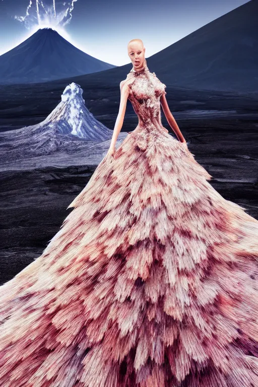 Image similar to a beautiful hyperrealistic ultradetailed 3D, one girl in a magnificent McQueen couture dress stands near a volcano, voge photo, fashion style, fullbody, in full growth, photorealistic, high resolution, trending on artstation, highly detailed, volumetric lighting, elegant, details, good clear quality, volumetric lighting,