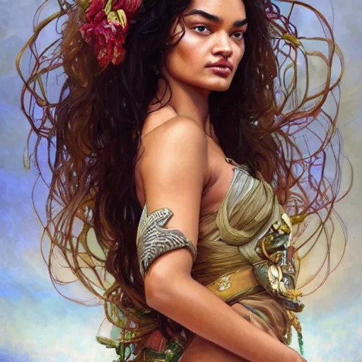 Image similar to Portrait of a Shanina Shaik as Medusa, Watercolor, photorealistic, high resolution, award winning, trending on artstation, olive skin, long dark hair, beautiful bone structure, intricate, elegant, highly detailed, digital painting, artstation, concept art, smooth, sharp focus, illustration, art by artgerm and greg rutkowski and alphonse mucha