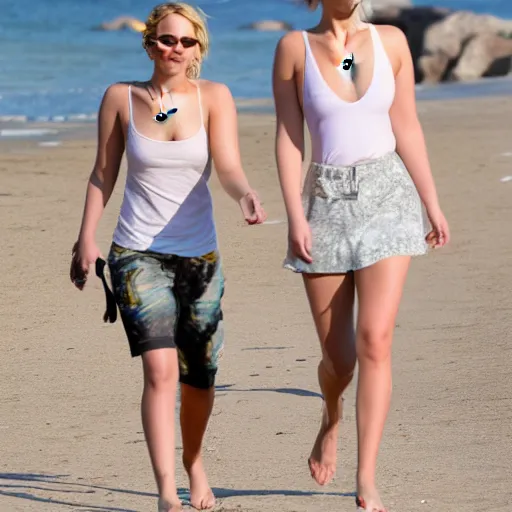 Image similar to Jennifer Lawrence and Jennifer Lawrence walking along the beach together, golden hour, hyperdetailed, 8k,