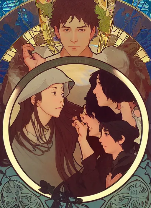 Image similar to among us characters holding hands in a circle by a burning cross, highly detailed, high quality, digital painting, by studio ghibli and alphonse mucha, leesha hannigan, makoto shinkai, disney
