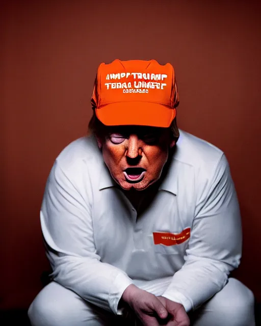 Image similar to closeup portrait of of angry donald trump wearing orange prison pajamas sitting on a bed in a filthy prison, cinematic masterpiece, octane, dramatic lighting, 35mm, very detailed