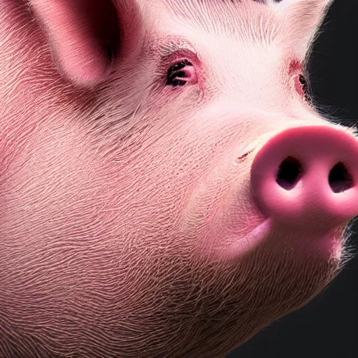 Image similar to photorealistic closeup portrait of pig, art photography, horror, sigma 5 0 mm, f 1. 8, insane details, hyper realistic, 8 k, full figure poster, volumetric lighting, very detailed face, 4 k, award winning