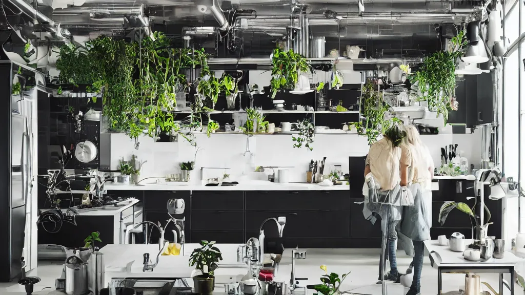 Prompt: Ikea catalogue photo, high end technological cyberpunk house style kitchen, intricate statues, various lush plant life, iridescent flooring, riveted steel furniture