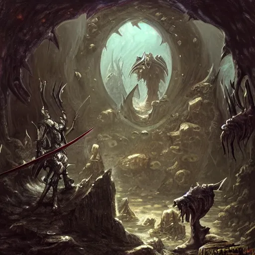 Prompt: arrogant knight casually pokes his sword into the abyssal portal, only to be met with unimaginable horrors from beyond, dark fantasy, oil painting, high detail