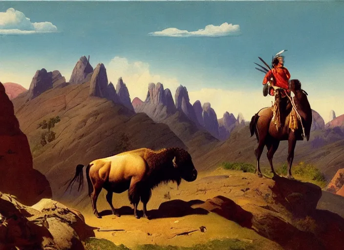 Image similar to native american riding bison, buffalo, native american warrior, mountain range, beautiful sky, standing on the edge of a cliff, 1 9 th century, painted by frazetta