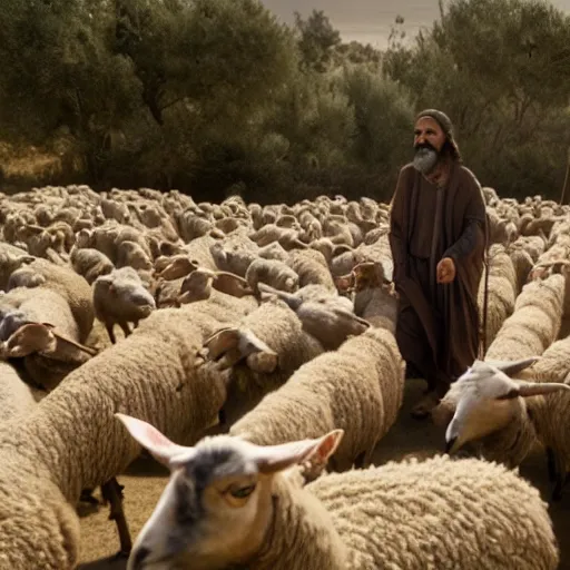 Image similar to cinematic Still of 30 year old Mediterranean skinned man in ancient Canaanite shepherd clothing, shepherding a flock of sheep, in a Biblical epic