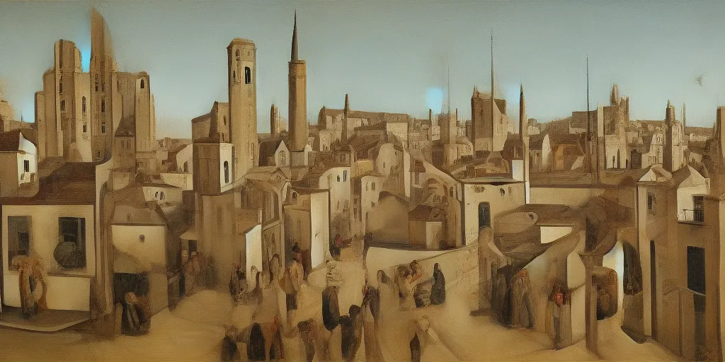 Image similar to a painting of street life in kirkwall, orkney, people,houses, by Giorgio de Chirico