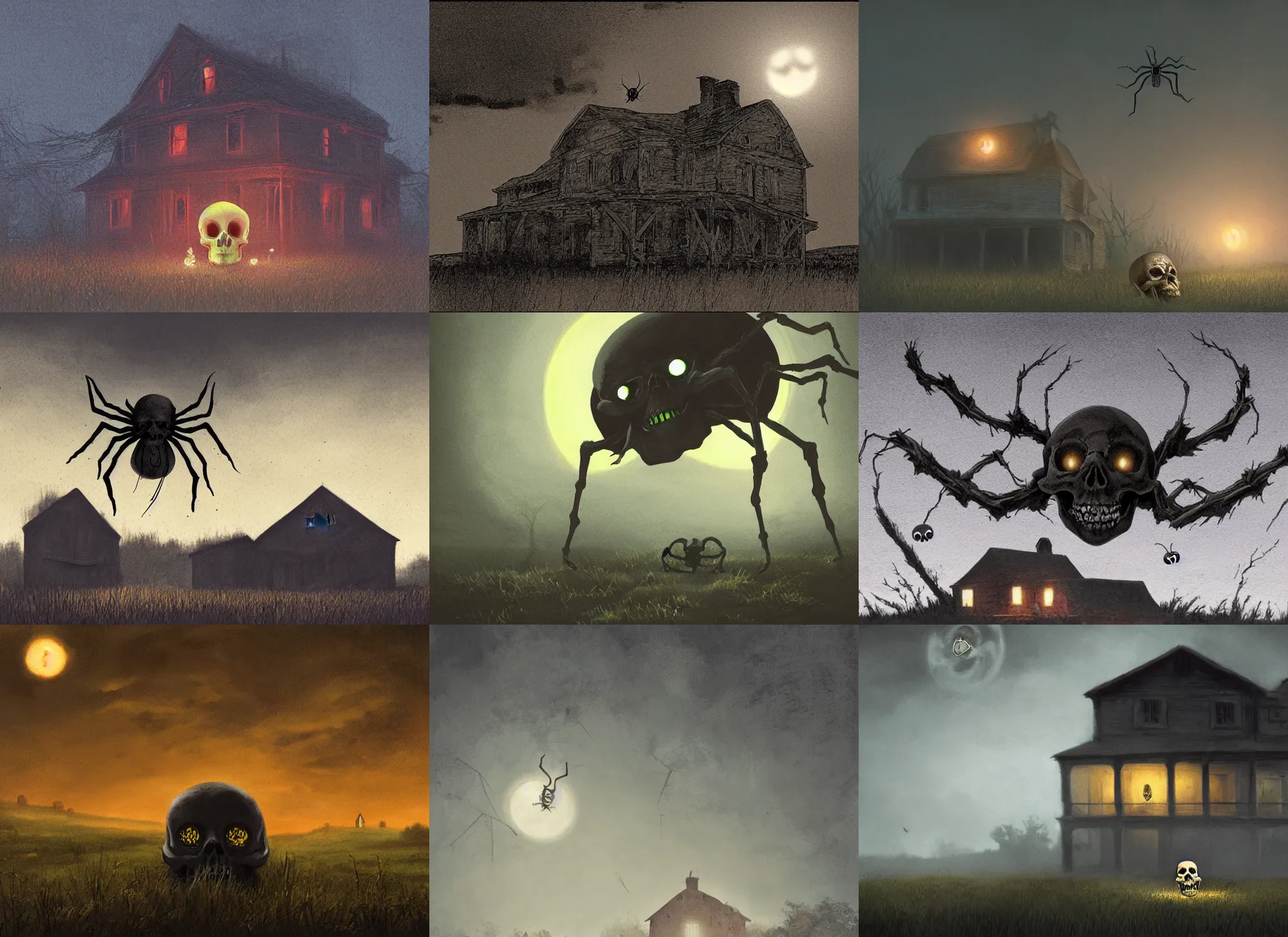 Prompt: floating skull spider with bright glowing eyes at dusk, farmhouse, in the style of Greg rutkowski, ominous